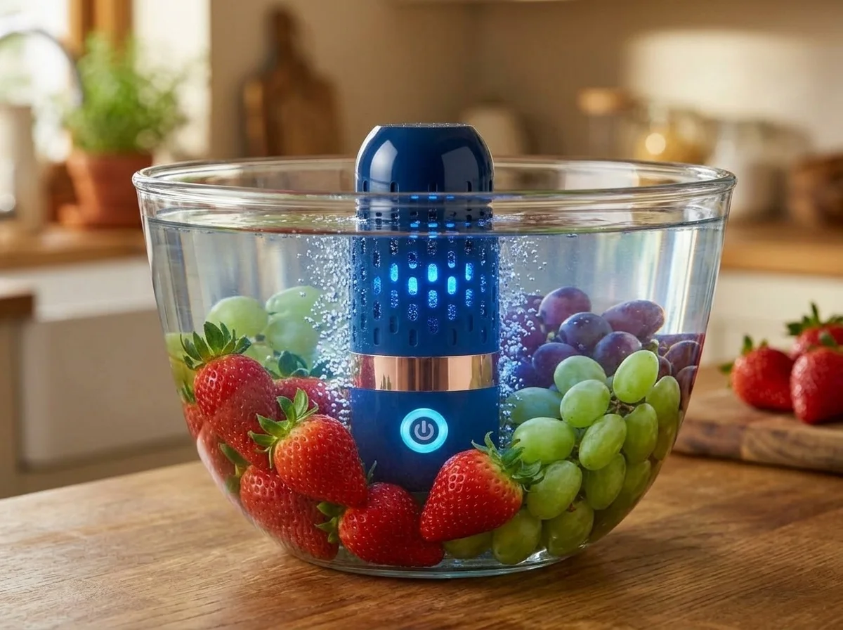 PurePod device dropped into a bowl of water with produce